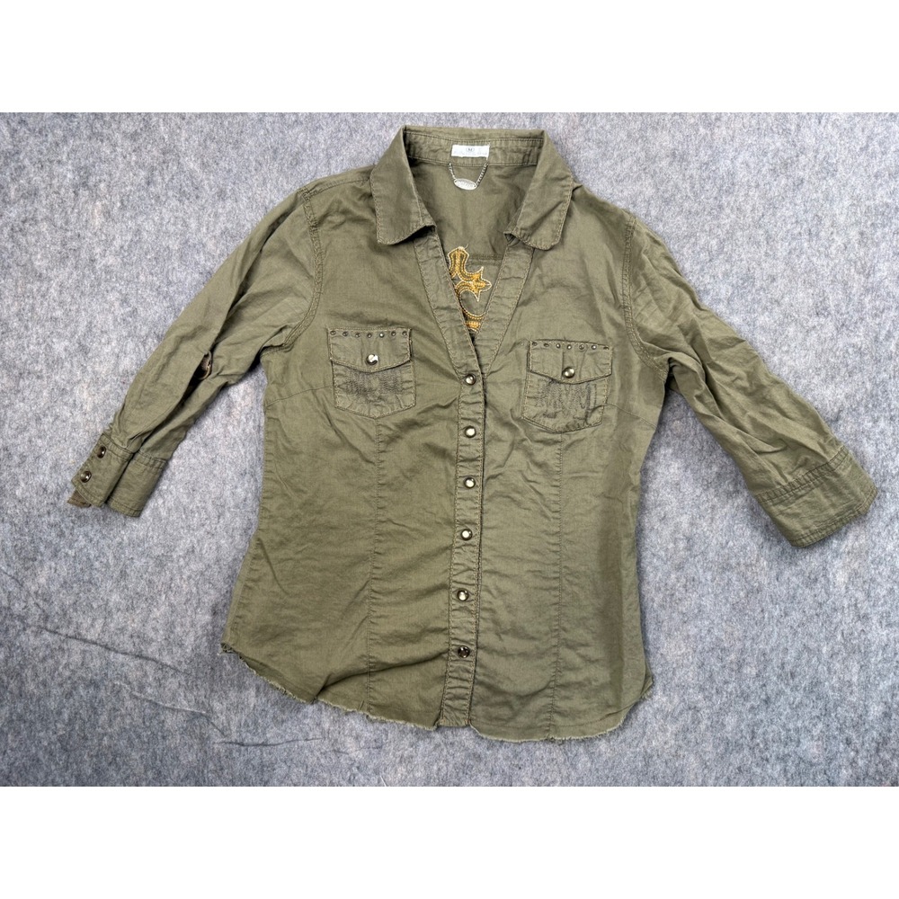 Sinful by Affliction Women Olive Green Cross Embroidered Button Down Shirt Med